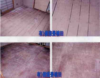築１５年の畳床板の部屋。床材の素材違いでカビ発生しています。　　検証２月末、築１５年目の畳を上げた直後。上部右・左は杉板無垢材ですが、カビはほとんど生えていません。下部右･左が、合板（コンパネ材）の床板ですが、合板にはカビが発生しています。すべてがこのような状況ではありません。畳の場合は通気性の少ない合板ではなく、薬剤処理のしていない杉などの無垢板を使用することをお勧めします。また、こうした問題も活性炭施工・ＵＮ調湿炭施工を施しますと改善され、格別なやすらぎの部屋へと変わっていきます。