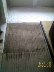 畳を剥がして床板がカビている写真。